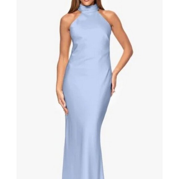 Xscape Light Blue Halter Neck Satin Sheath Gown